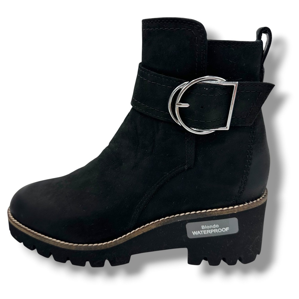 Blondo Waterproof Black Leather Ankle Boots Buckle Wedge Lug Sole B7328 014 7M